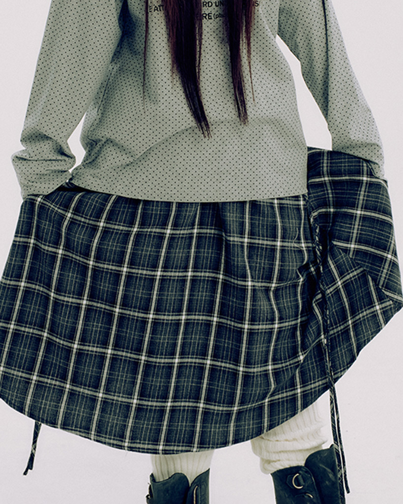 Waistband pocket two-tone check strap volume midi skirt_2COLOR