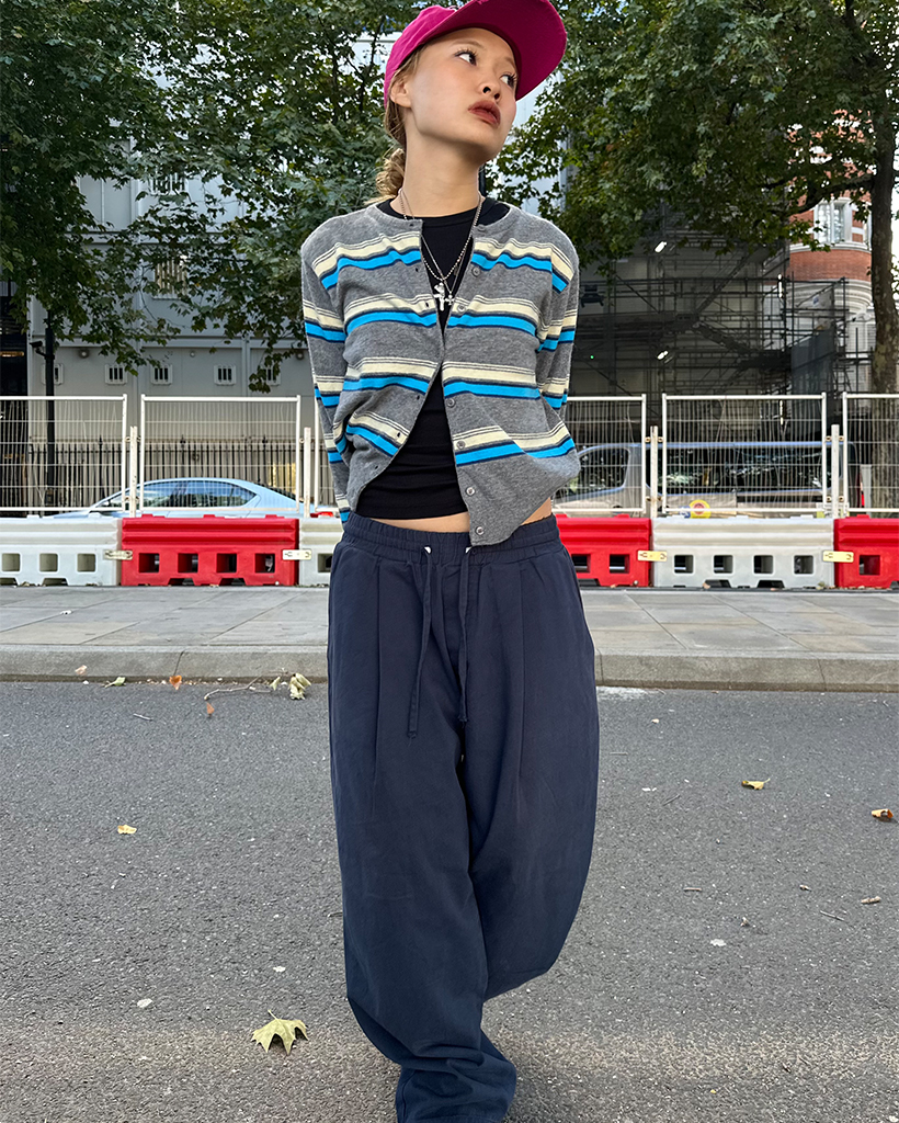 ダブルボーダーラウンドネックニットカーディガン