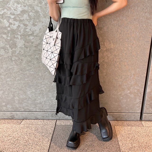 KANEKO ISAO 黒 ティアードフリルロングスカート KANEKO ISAO 黒 ティアードフリルロングスカート