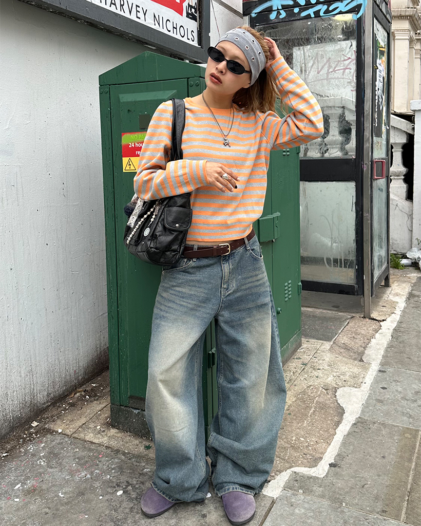 ラウンドネックボーダーリブヘムニット