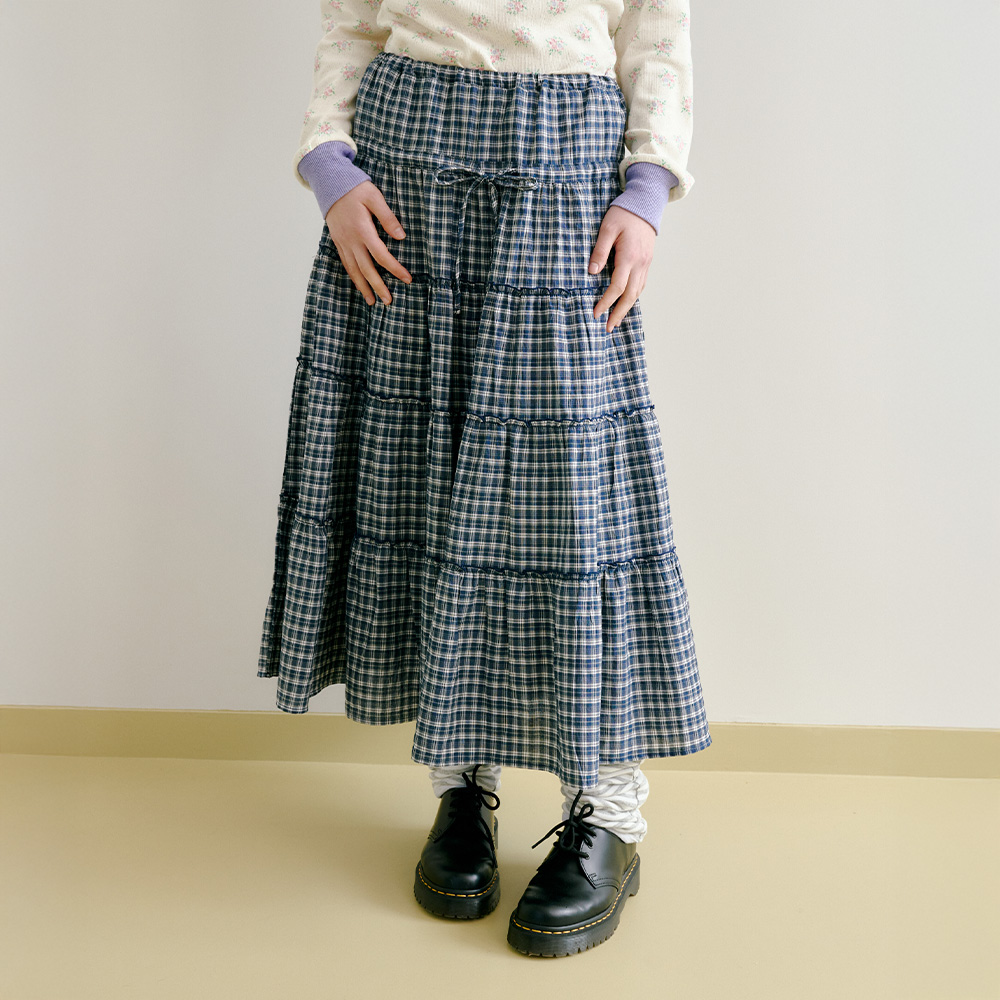 Check Tiered Long Skirt, Navy