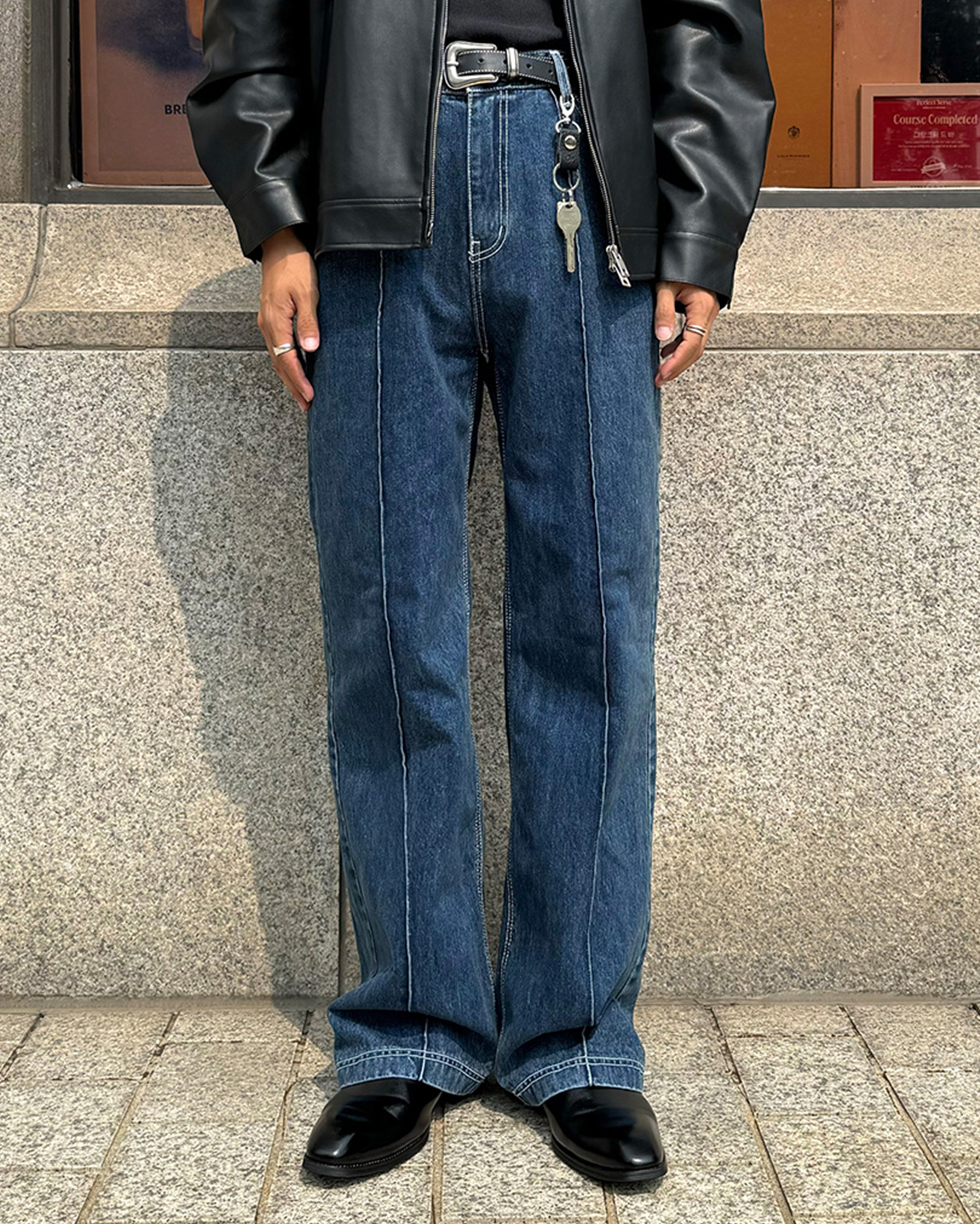 (ORIGINAL) ピンタックストレートデニムパンツ (medium blue)