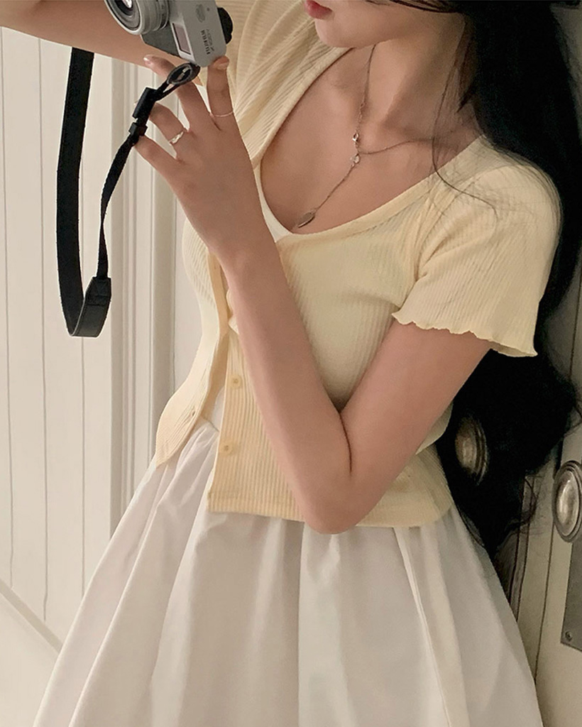 ORIGINAL) リブクロップドフリル半袖カーディガン | ファッション通販