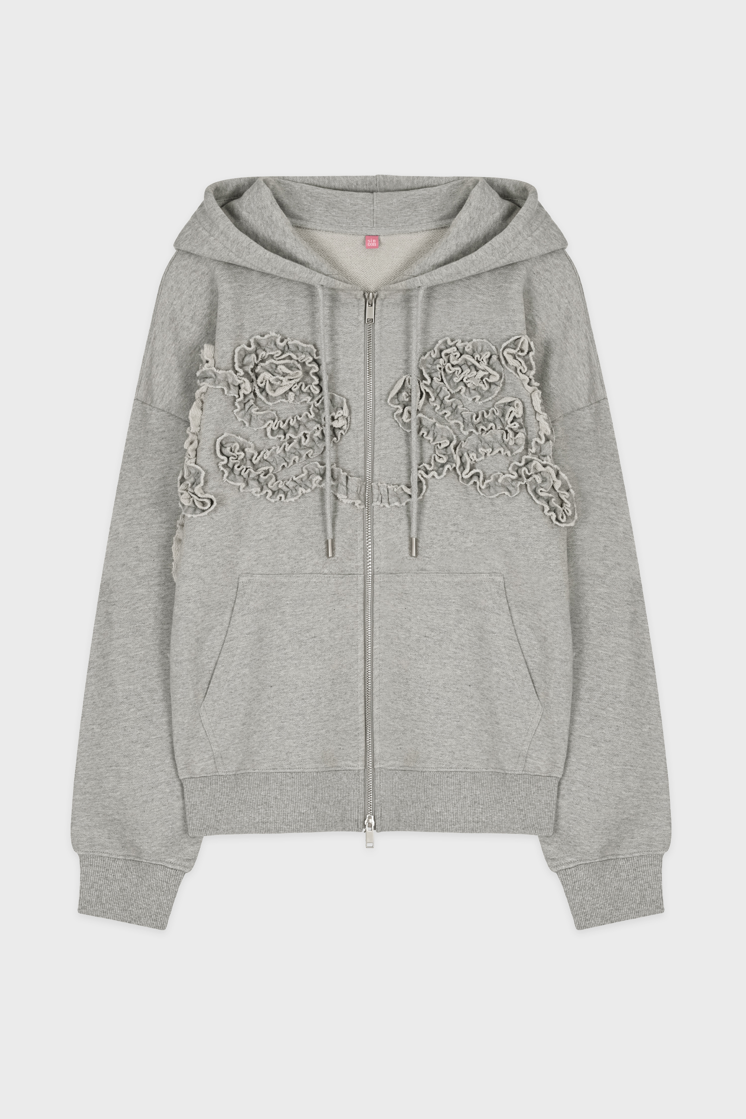 Rose Frill Oversized-Fit Hooded Zip-Up (Melange Grey)