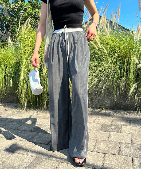 レースバイカラーストライプワイドパンツ | ファッション通販