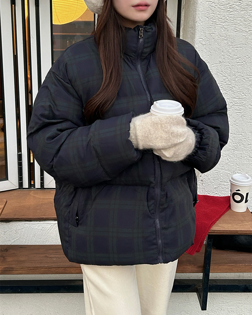 ハイネックチェックパターンダウンジャケット | ファッション通販