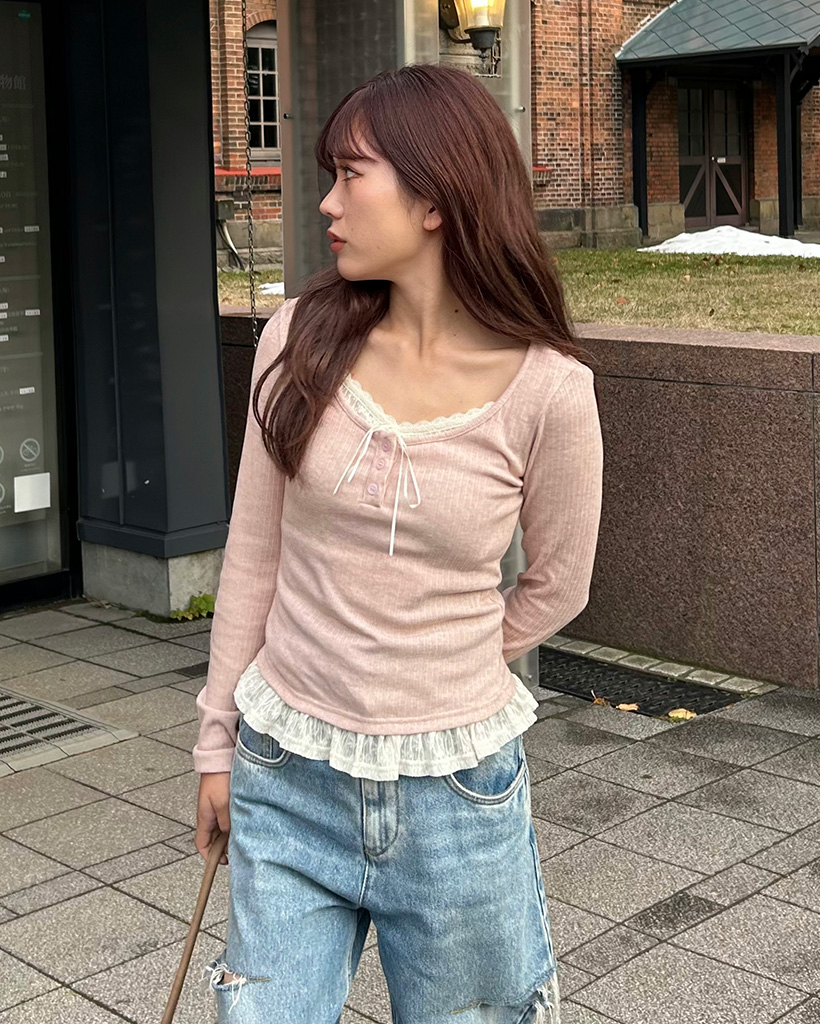 レースポイントボタンロングスリーブTシャツ | ファッション通販サイト