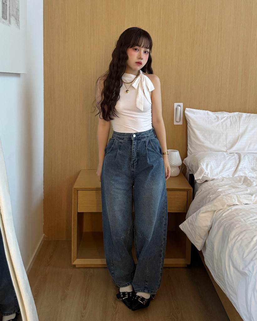 4回再販](ORIGINAL) リボンタックバルーンデニムパンツ