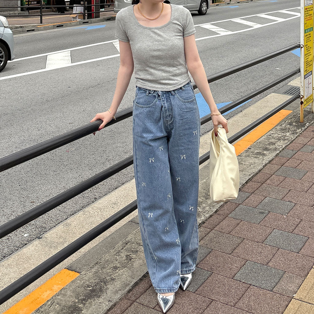 リボン刺繍デニムパンツ | ファッション通販サイト NUGU