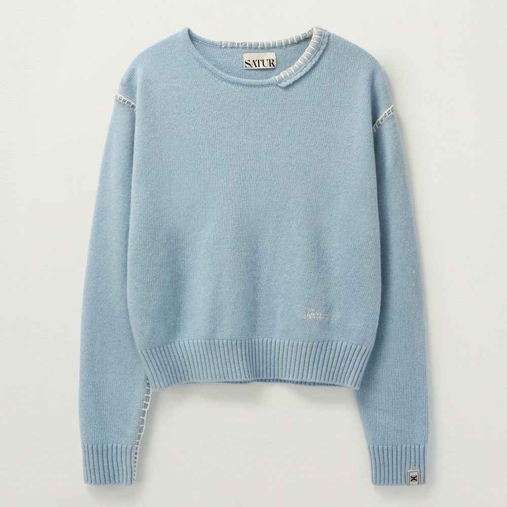 (W) Contrast Stitch Semi Crop Knit - Ice Blue