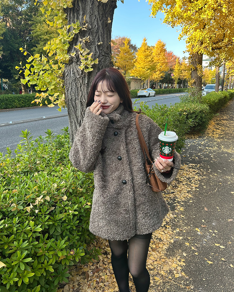 レディース♡ボア付きハーフコート♡ コート ブロックプリント × ボア レディース アウター ジャケット