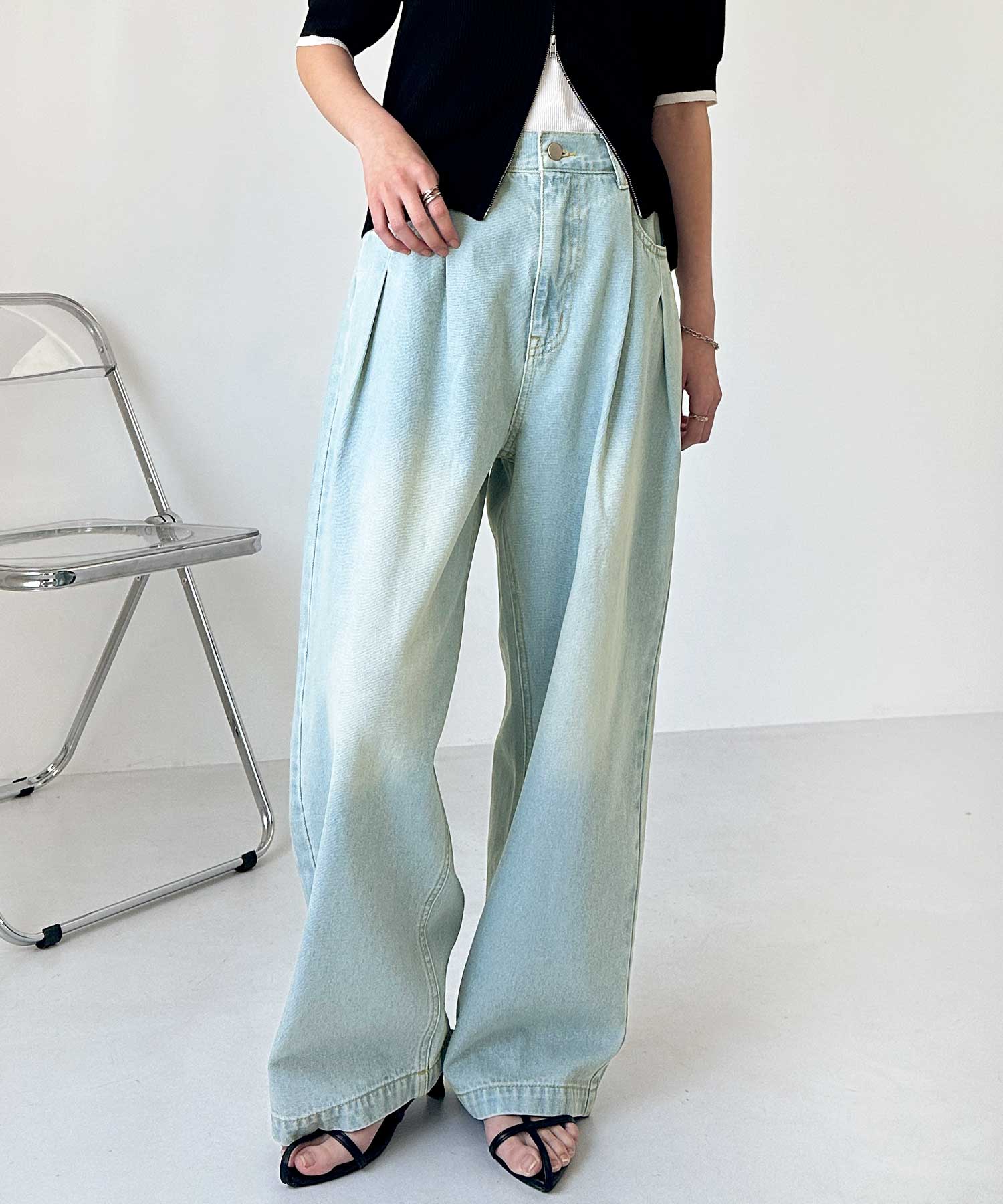 ハイウエストダブルタックワイドデニムパンツ | ファッション通販