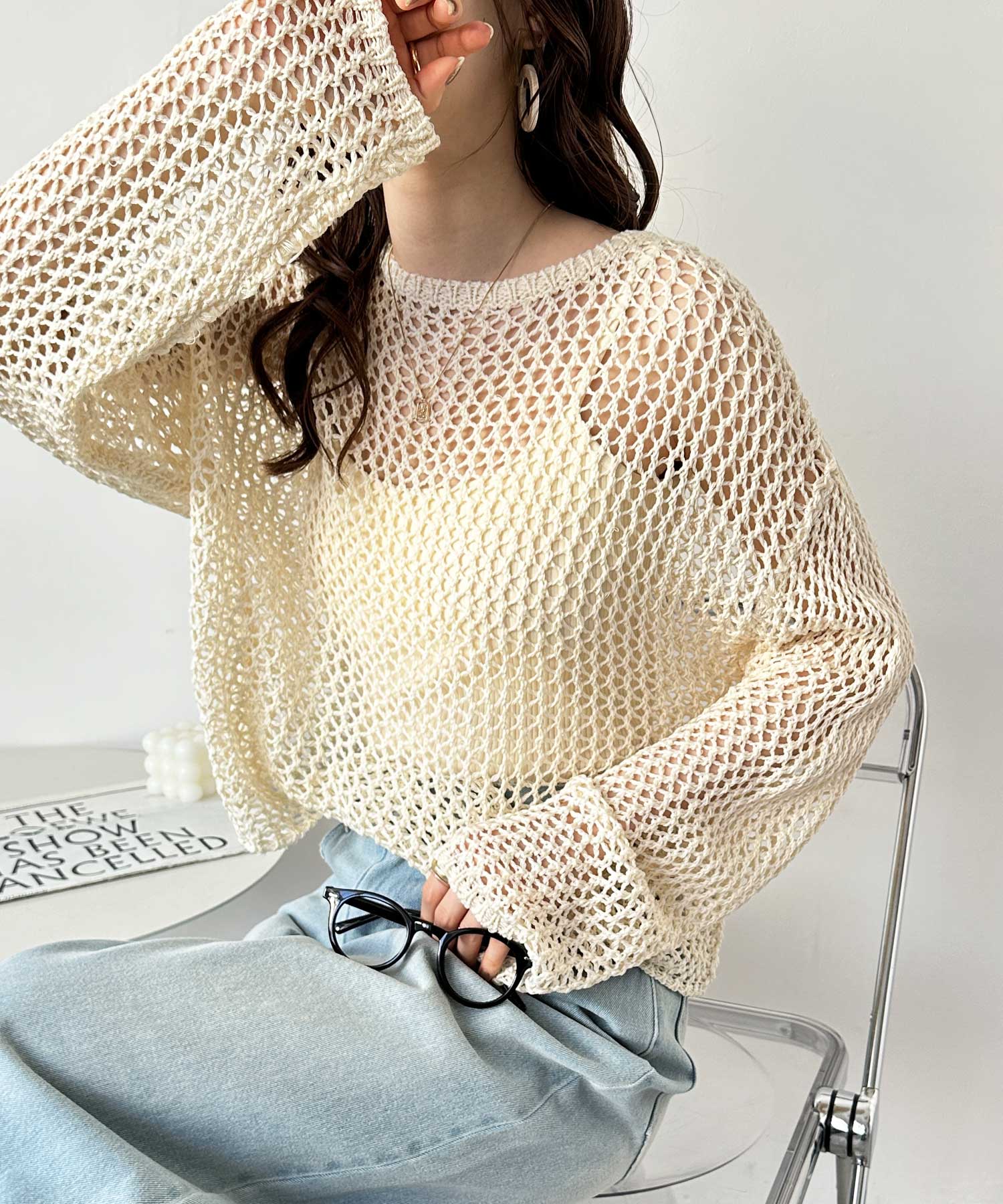 透かし編みメッシュサマーニットプルオーバー