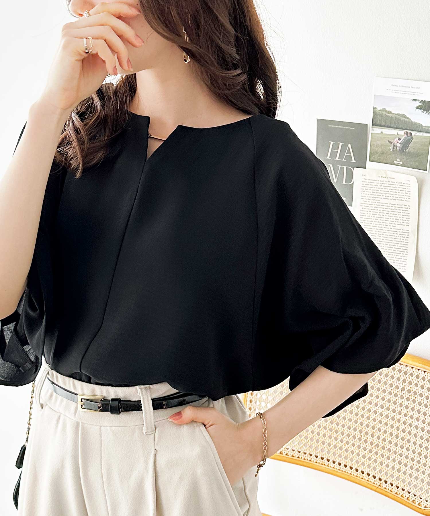 3WAYゴールドプレート袖ボリュームタックドルマンブラウス