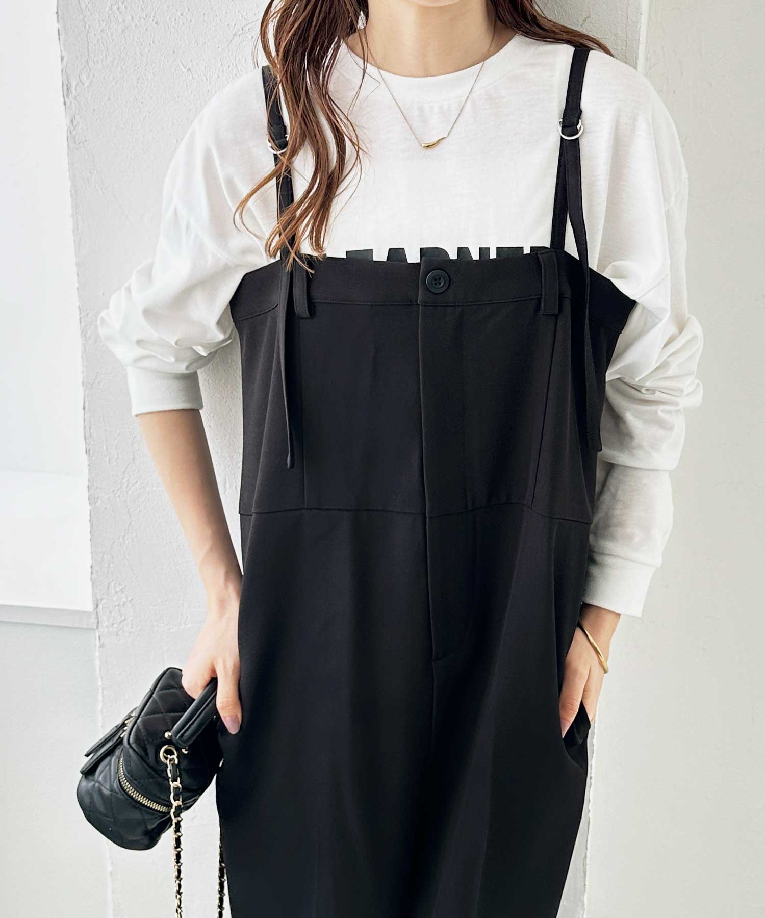 この夏のマストアイテム！とろみ素材ワンボタンベアキャミサロペット