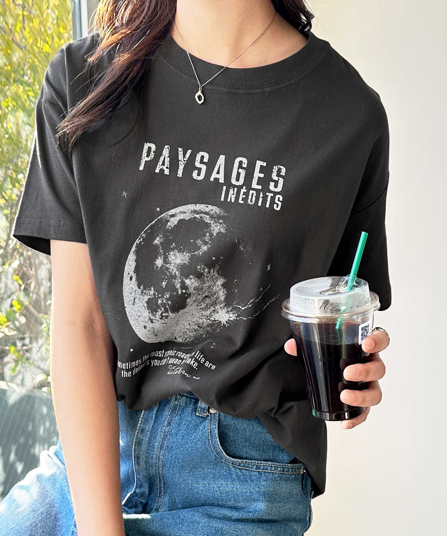 箔メタリック＆宇宙プリントオーバーサイズ半袖Tシャツ