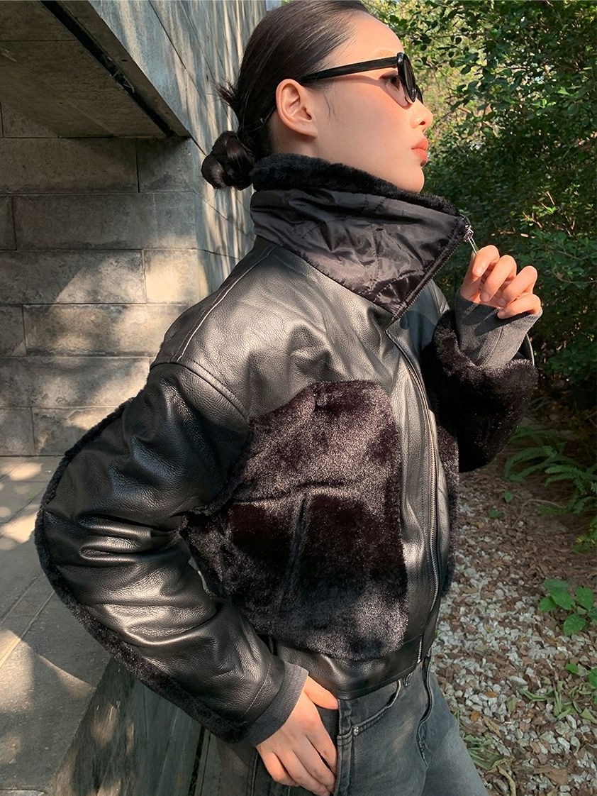 ブラックファーハイネックレザージャケット | ファッション通販サイト NUGU