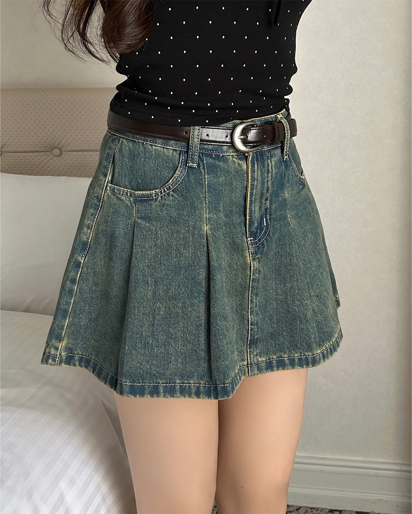 ベルトセット)デニムプリーツミニスカート | ファッション通販