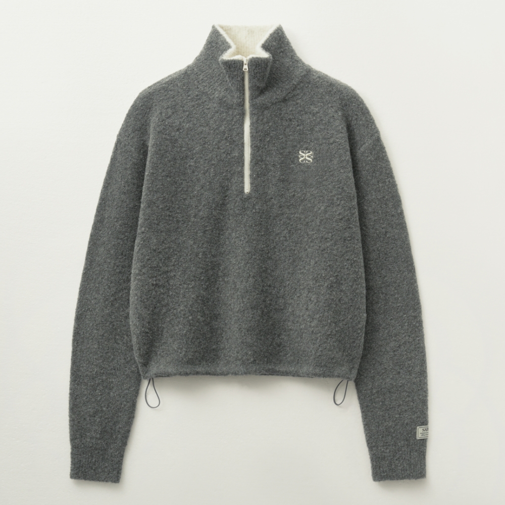 (W) Crop Half Neck Fleece Knit Zip-up - Gray