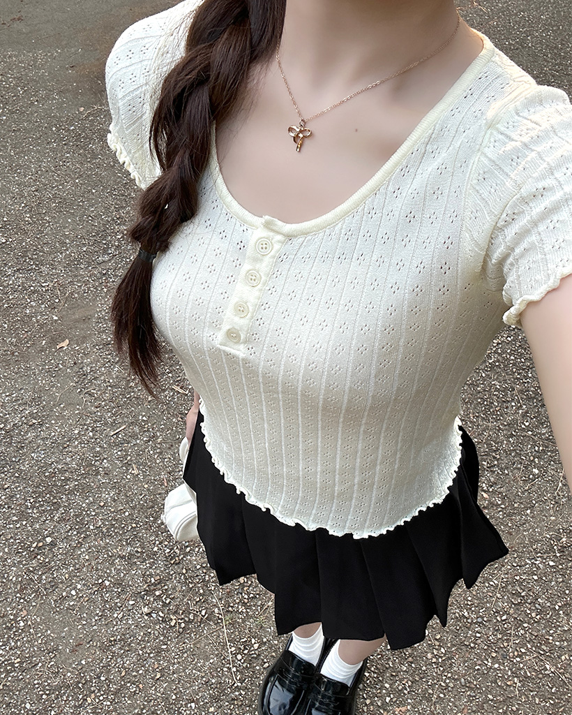 kariang - Banker ニードルパンチスリーブZIPニット セール】new basic リネン混ワッシャーハーフスリーブニット