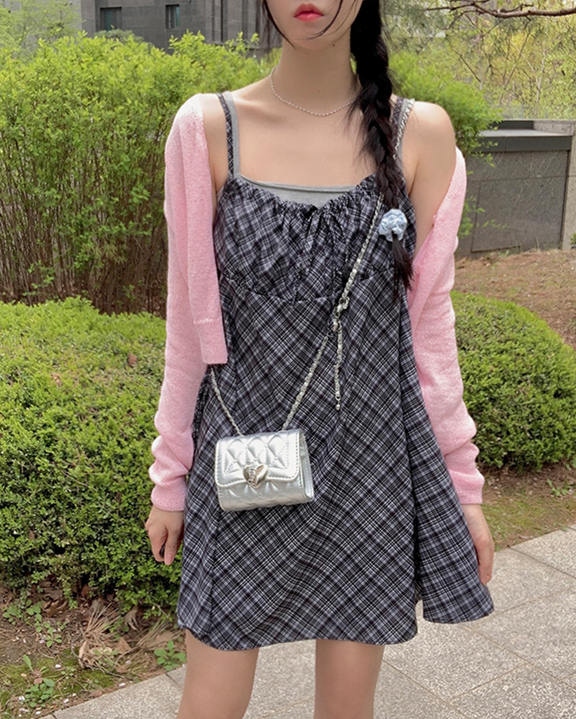 チェックAラインリボンシャーリングミニキャミワンピース