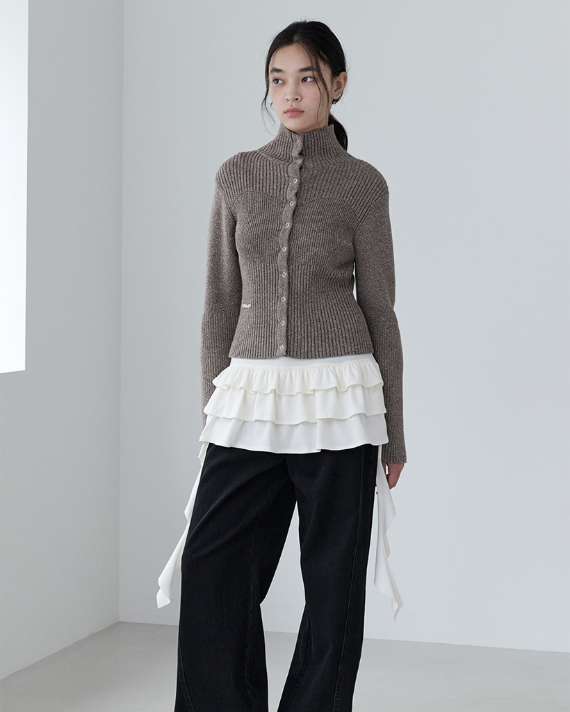 RIBBED HIGH NECK KNIT CARDIGAN BROWN | ファッション通販サイト NUGU