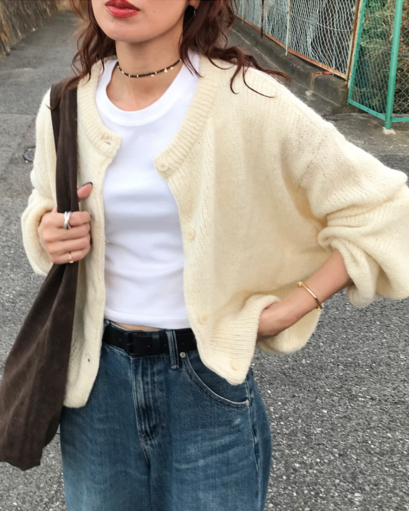 Noodles Mサイズ カーディガン ベージュ/オリーブ へアリーメッシュ Vネック ニットカーディガン（52-57KI71-204