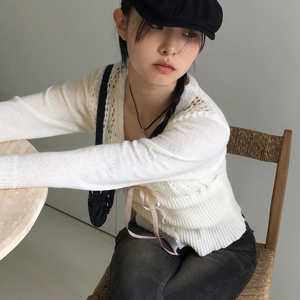 バレエコアリボン紐パンチングニットカーディガン | ファッション通販