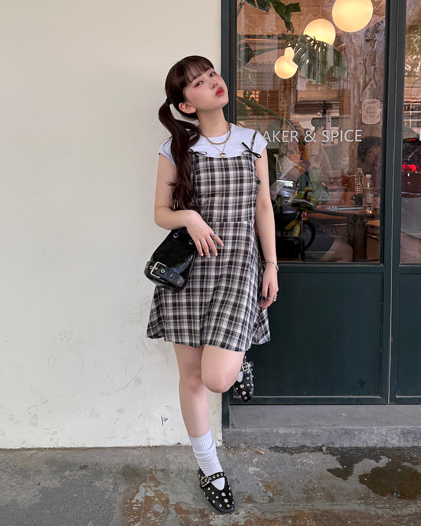 タータンチェックリボンスリーブレスミニワンピース