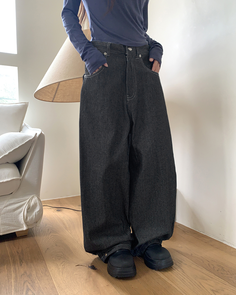 ストライプ ボーダービッグポケットデニムワイドパンツ | ファッション