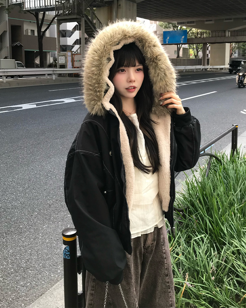 オーバーフィットファーフードジャンパー | ファッション通販