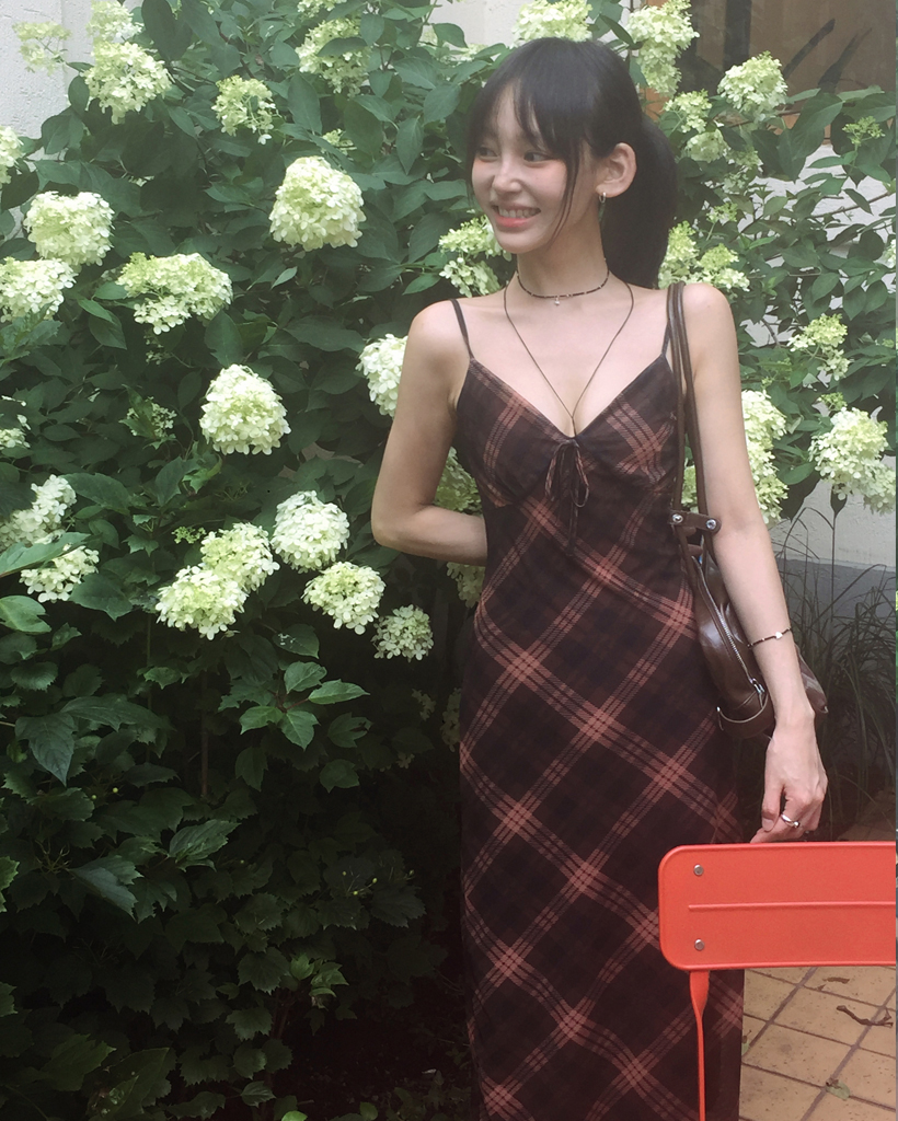 チェックロングワンピース