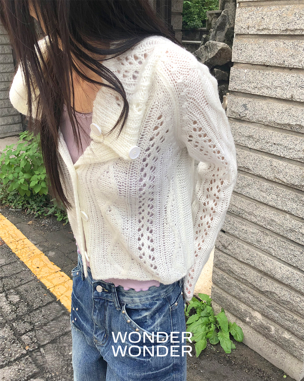 美品　キャプテンサンタ　ケーブルニットカーディガン　ハイネック　ネイビー　近年 レディース] ユーズド 襟付き ケーブルニットカーディガン