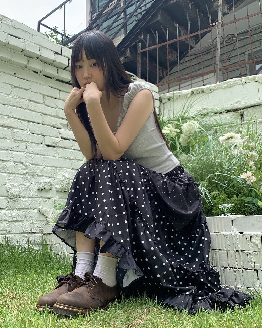 Furchin猫犬プリント両面タイトスカート グランジ ドットシャーリングティアードレースフリルロングスカート