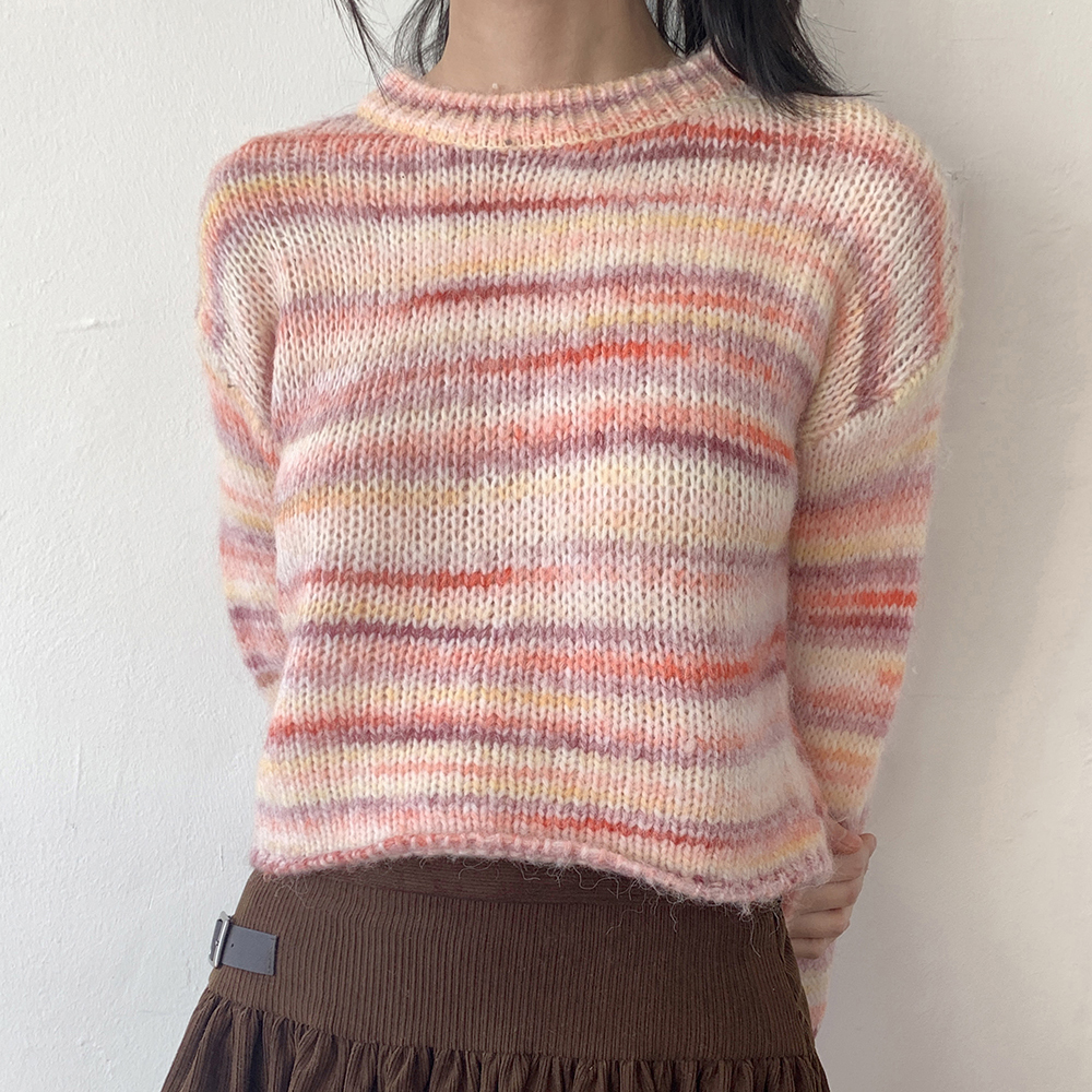 ウールミックスストライプ配色クロップド長袖ニット