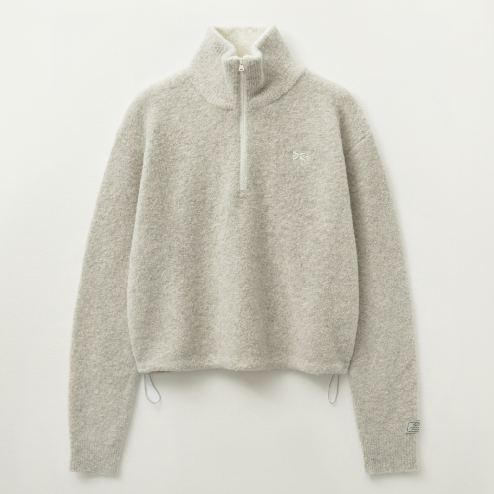 (W) Crop Half Neck Fleece Knit Zip-up - Oatmeal