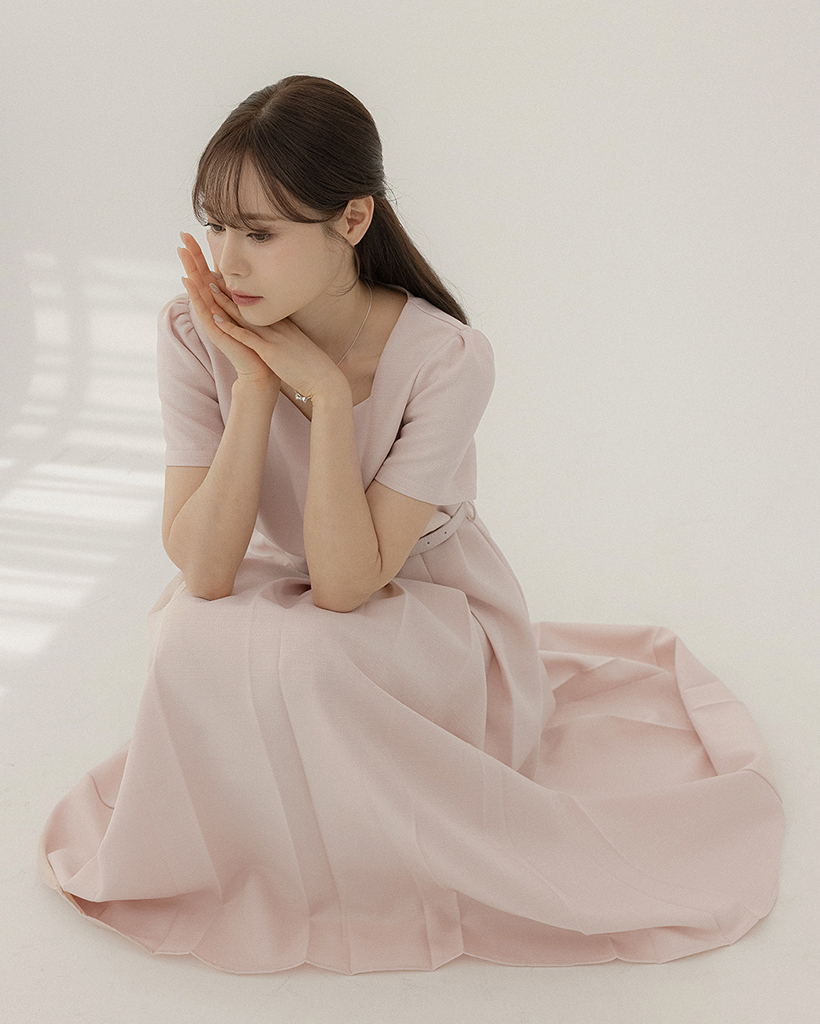 オケージョン】ツイードハートネックプリーツベルトロングワンピース