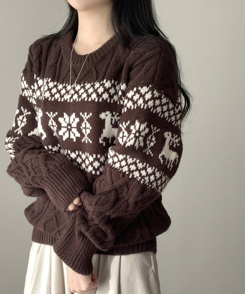 ラウンドノルディック柄ツイストケーブルオーバーサイズニット