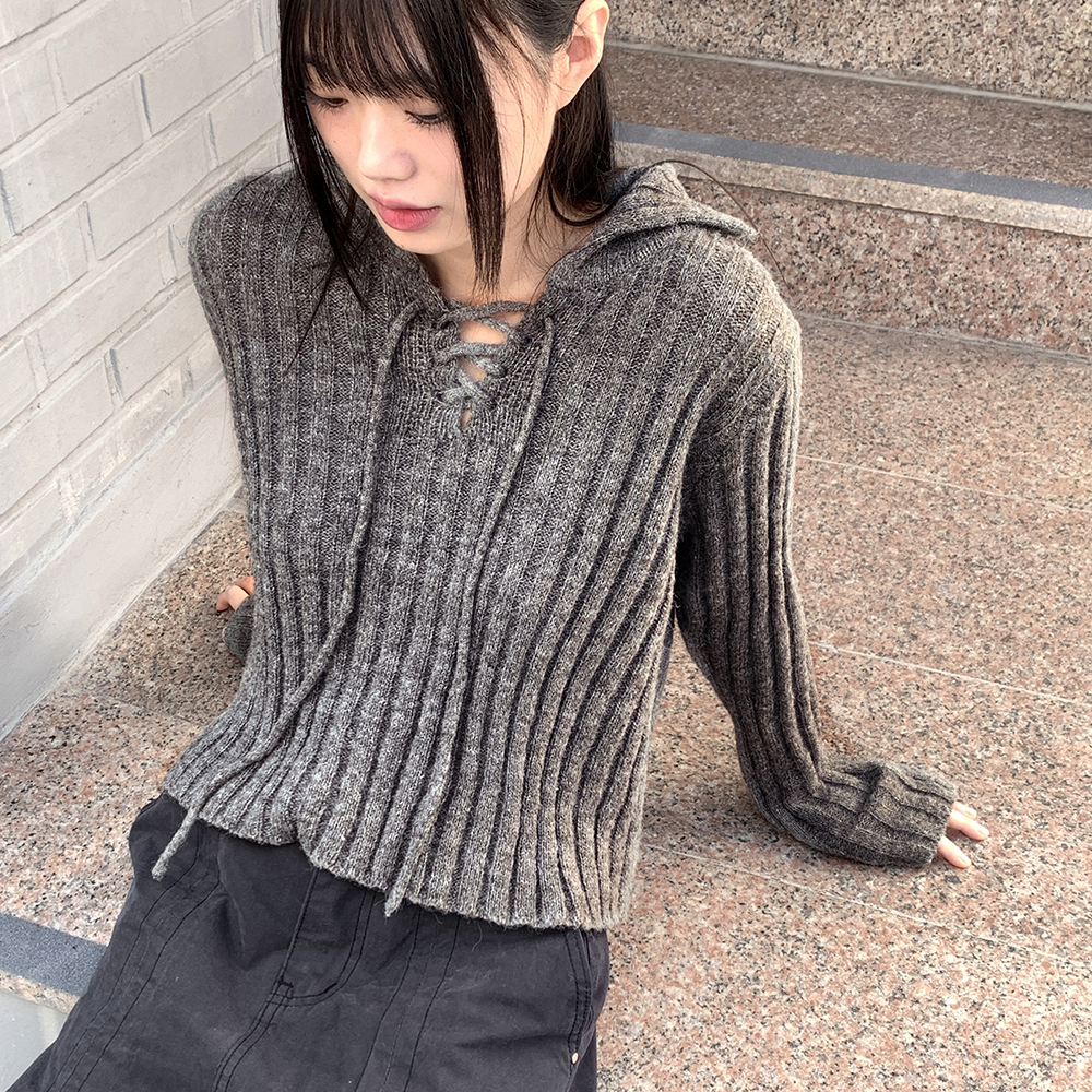 [original]ウールリボンストラップカラーリブ長袖ニット