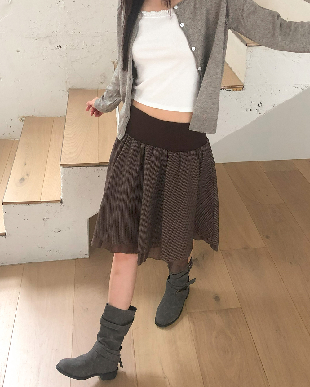 ストライプ ボーダーシフォンミドル丈2重フレアスカート
