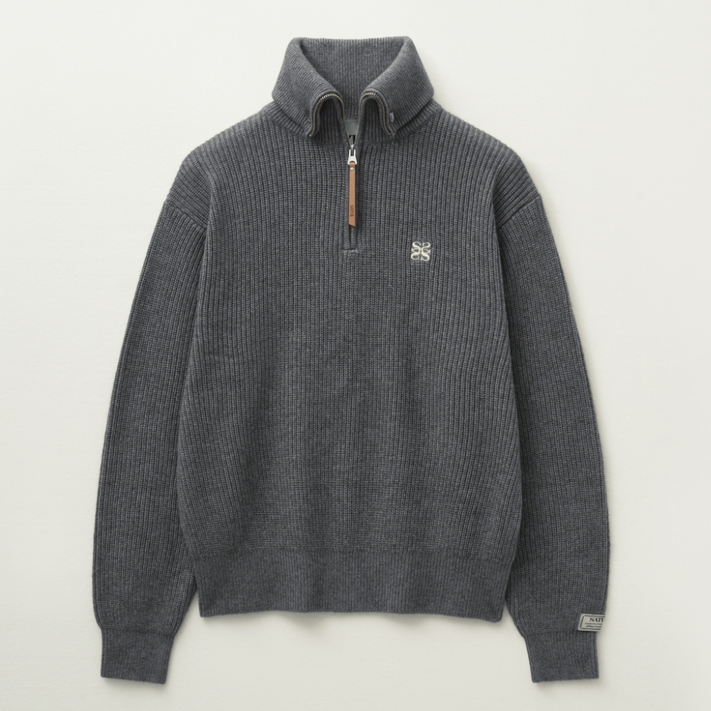 Button Up Sailor Half Knit Zip-up - Charcoal | ファッション通販