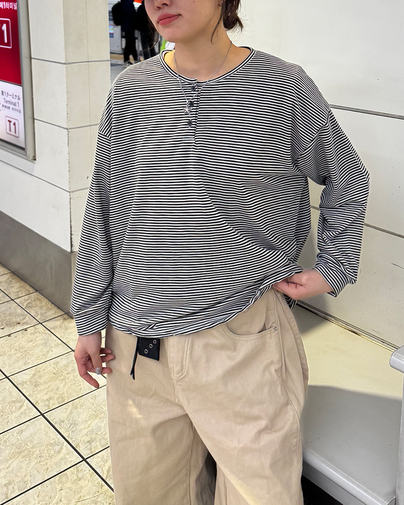 ボーダーヘンリーネックTシャツ