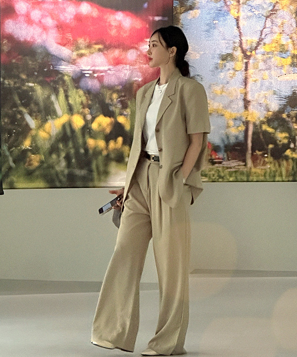 半袖ジャケット　Sサイズ 夏/セットアップ]オーバーサイズ半袖ジャケット+タック入りワイド