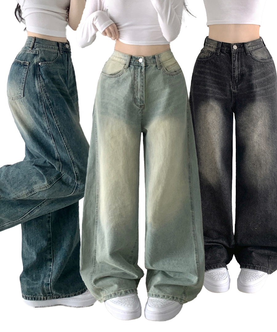 デニム パンツ ウォッシュ ハイウエスト ストリート ジーンズ 6 ヴィンテージウォッシュサイドスリットハイウエストデニムパンツ
