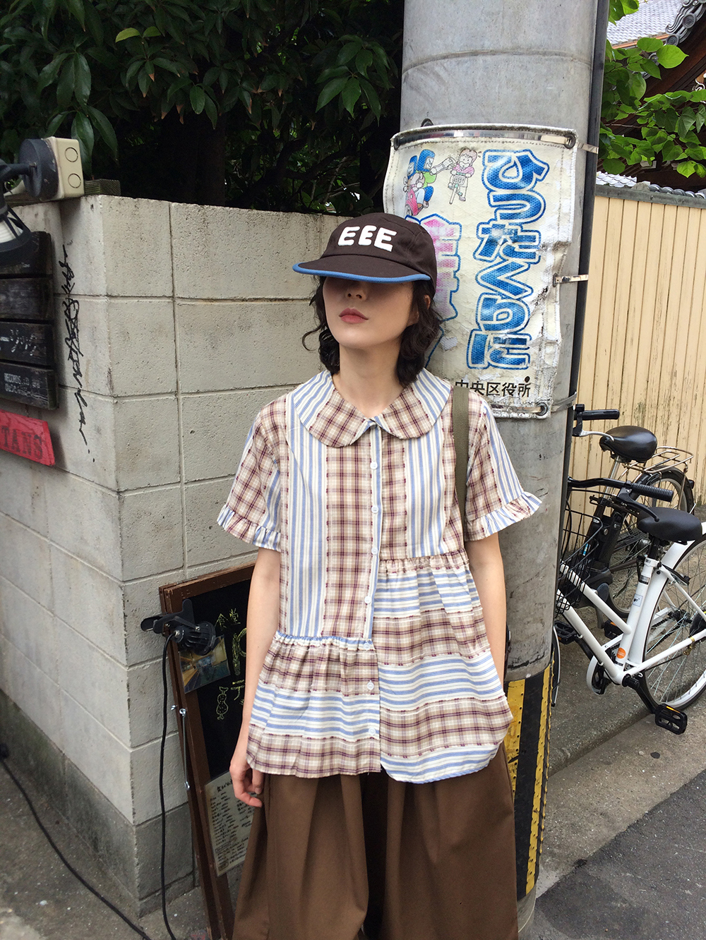 フリルチェック半袖ブラウス