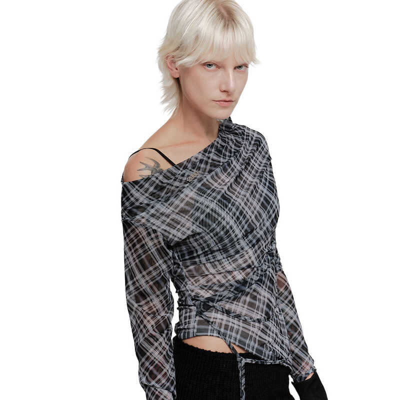 VIKA PLAID MESH OFF SHOULDER TOP (BLACK)