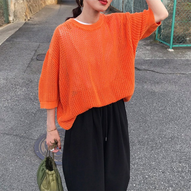 メッシュハーフスリーブサマーニット