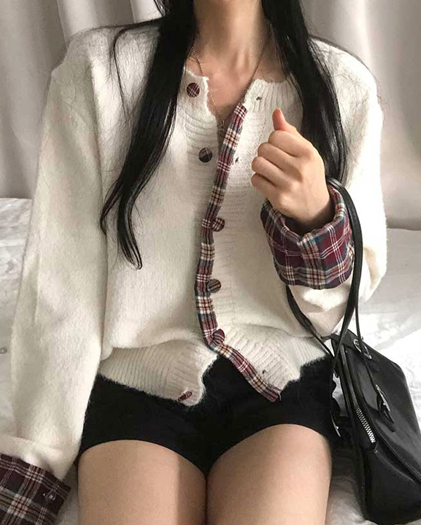 (4color)ウチェックニットカーディガン