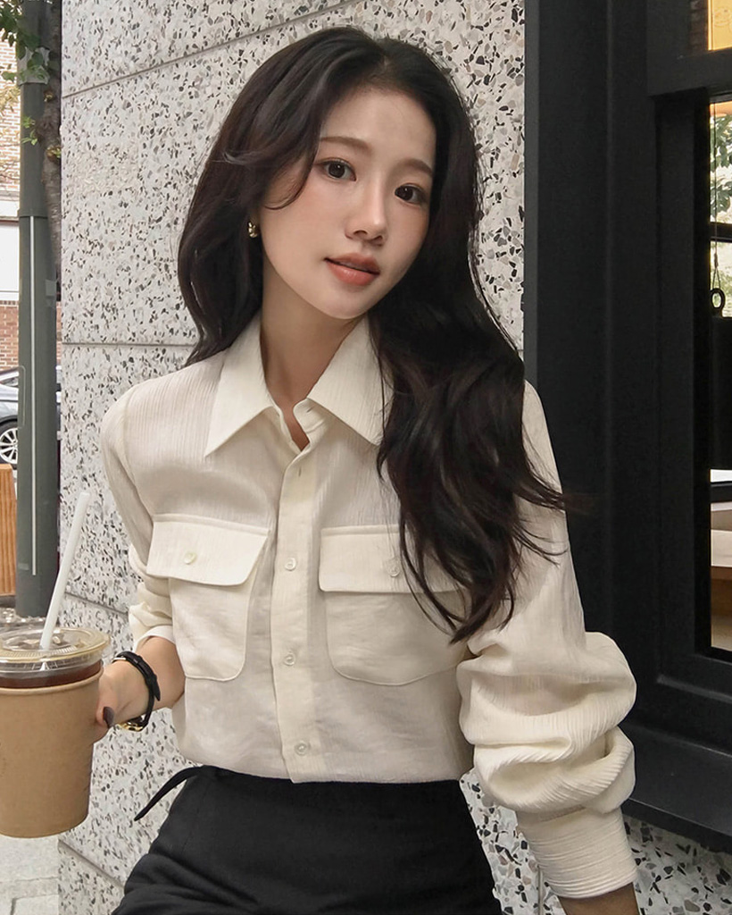 (mint/ivory) ポケット プリーツ ウール シャツ トップス