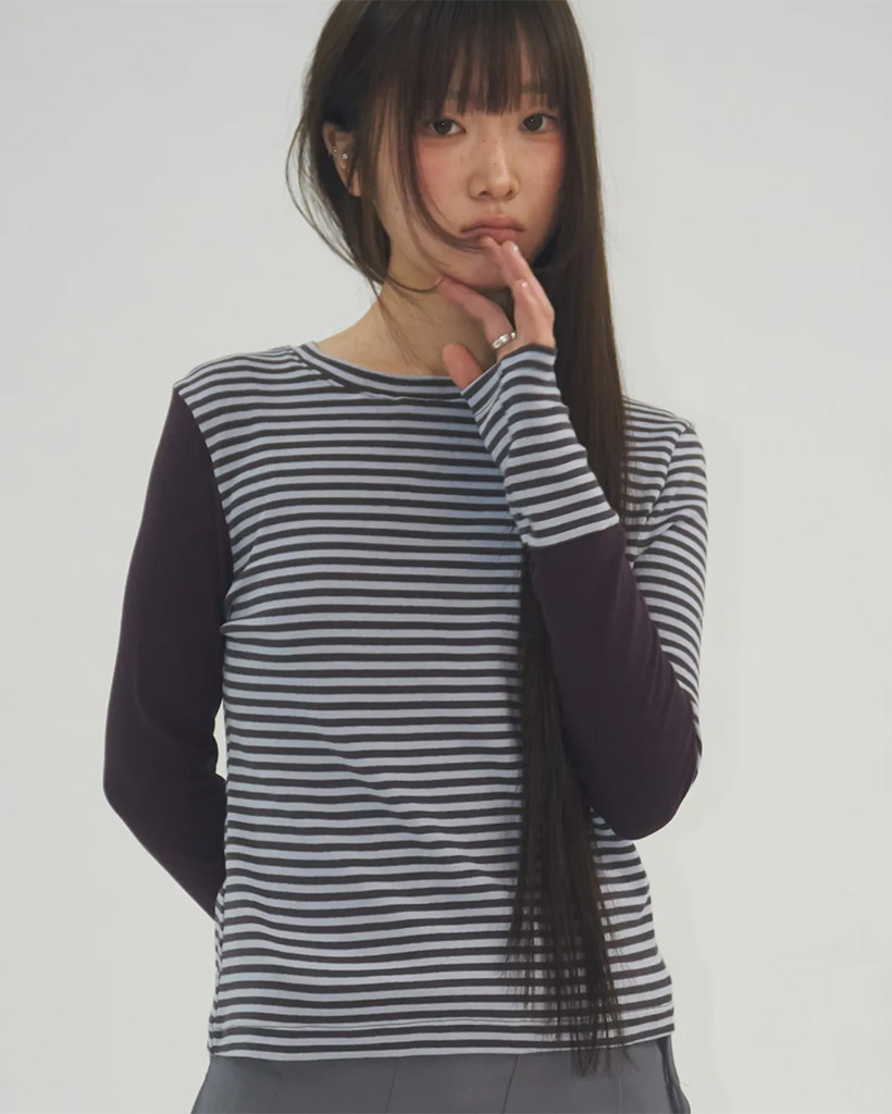 Dangara Color Block Point Raglan Ringer Long Sleeve T-Shirt [Blue]